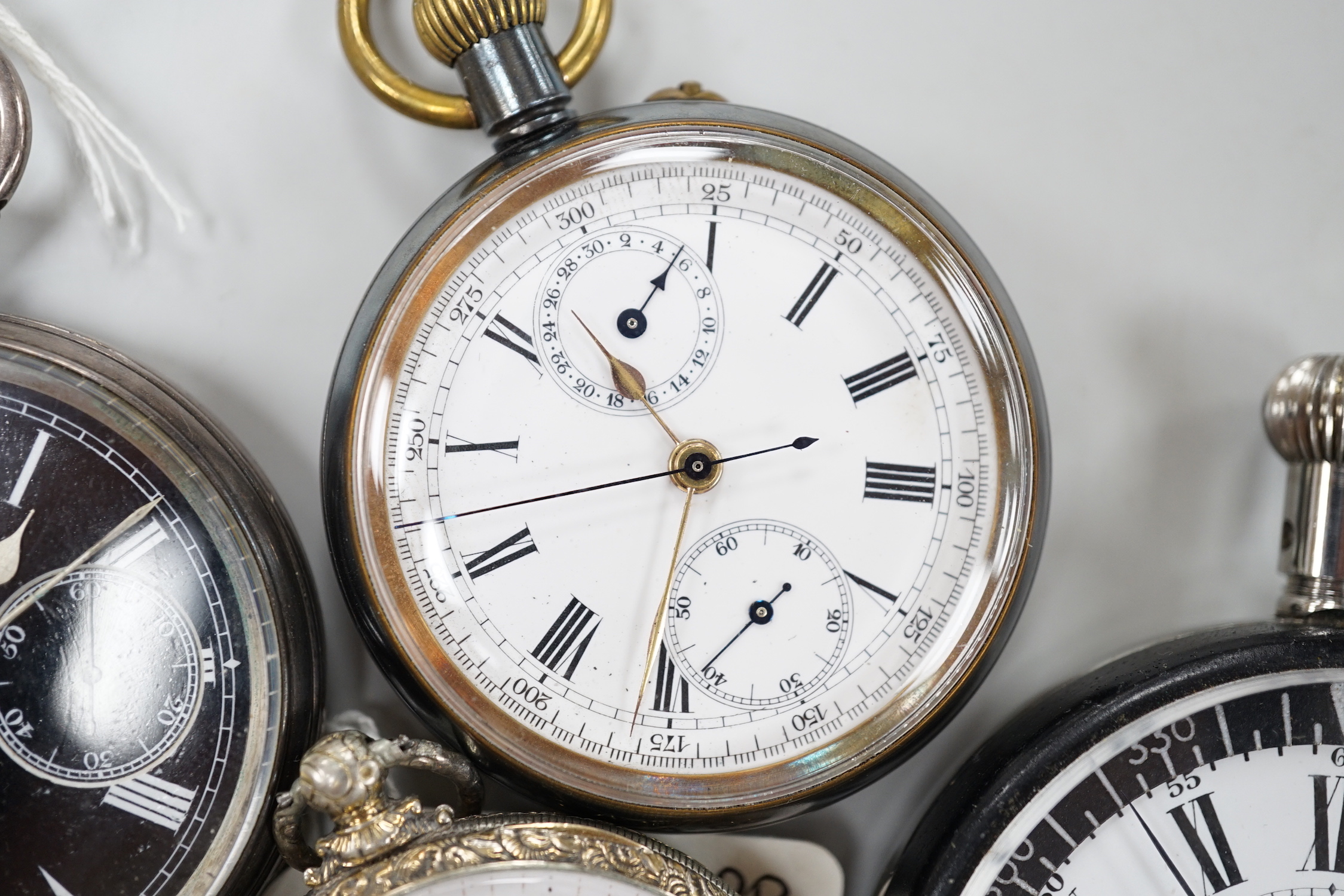 Ten assorted silver or base metal pocket watches including John Walker black dial and a deck watch by H. Golay & Son.